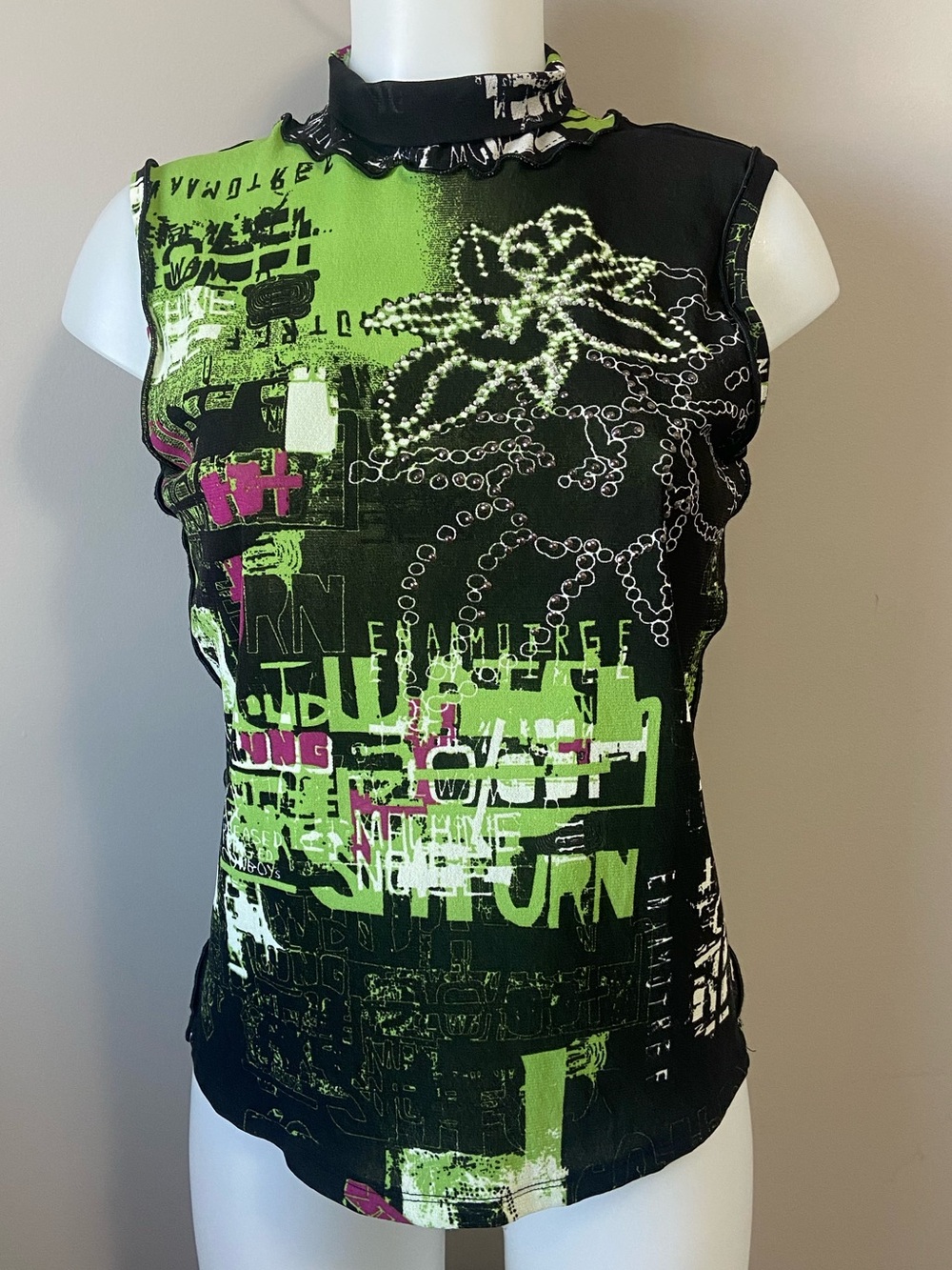 Marc Aurel - Mock Neck or Turtle Neck Graphic Tank Top in Black & Neon Green